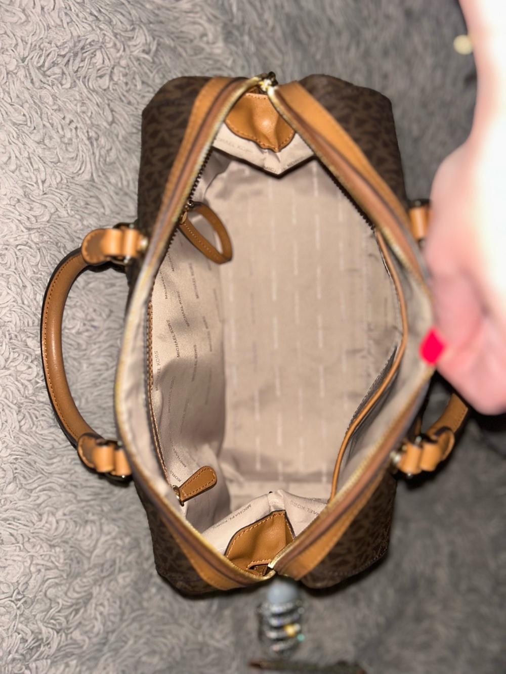 Michael Kors Brown Monogram Satchel with Tan Handles - Picture 6 of 12